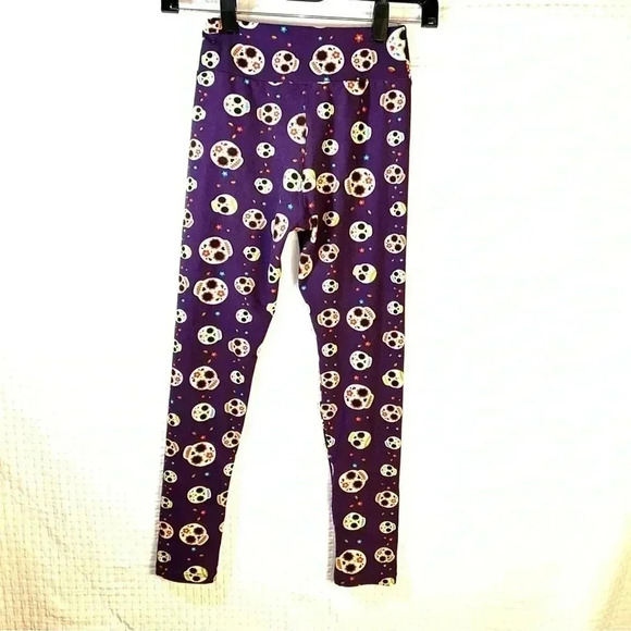 Lularoe Tween Leggings Halloween Skulls Floral All Over Print Purple Background - Picture 2 of 8